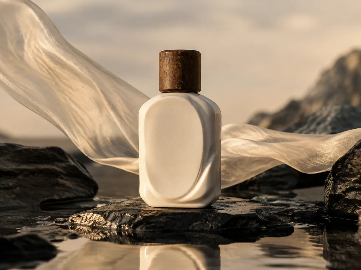 A ceramic perfume bottle and flowing fabric on dark stone, a product video concept