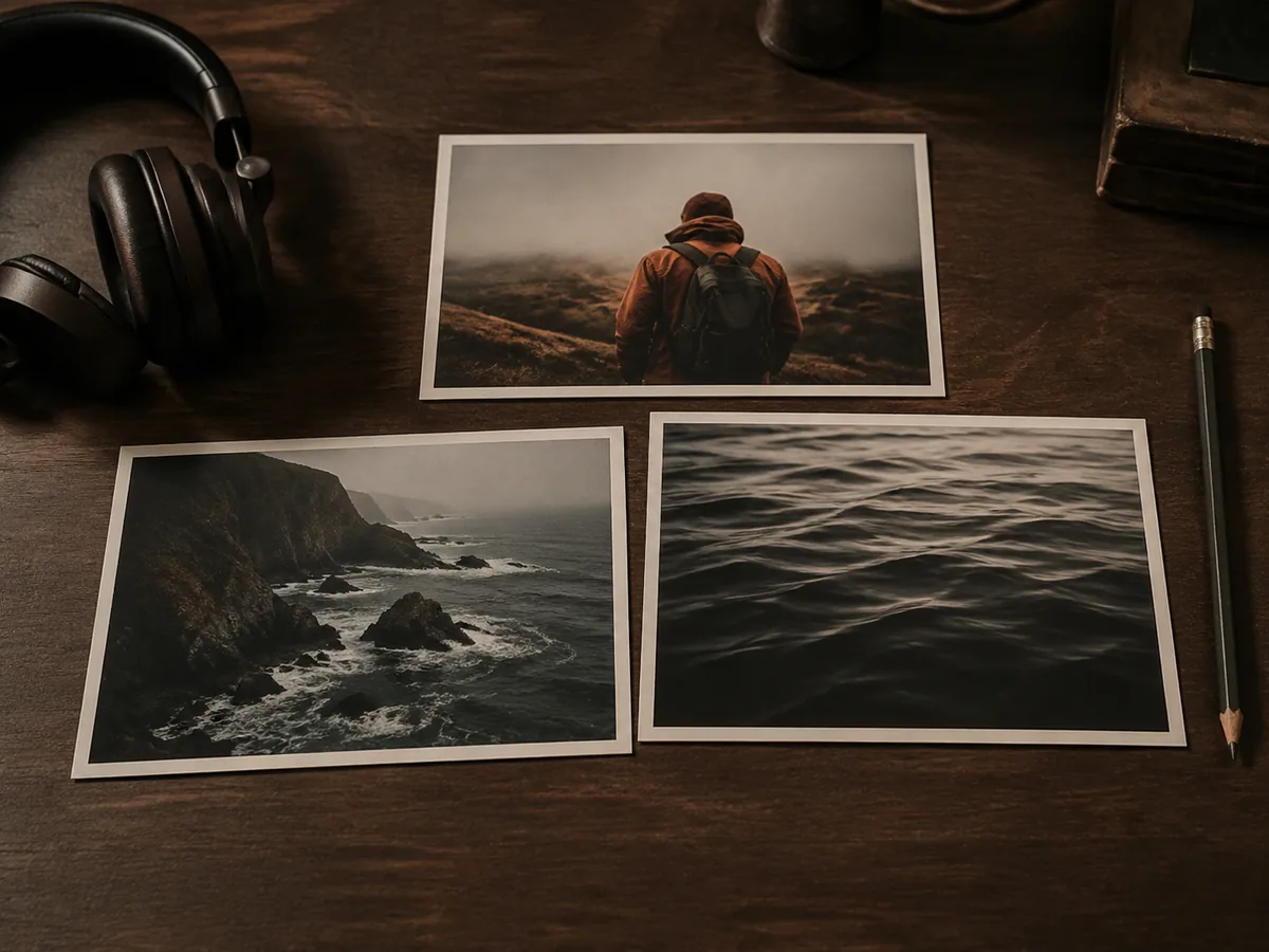 Character, coastline, and ocean reference photographs on a dark desk