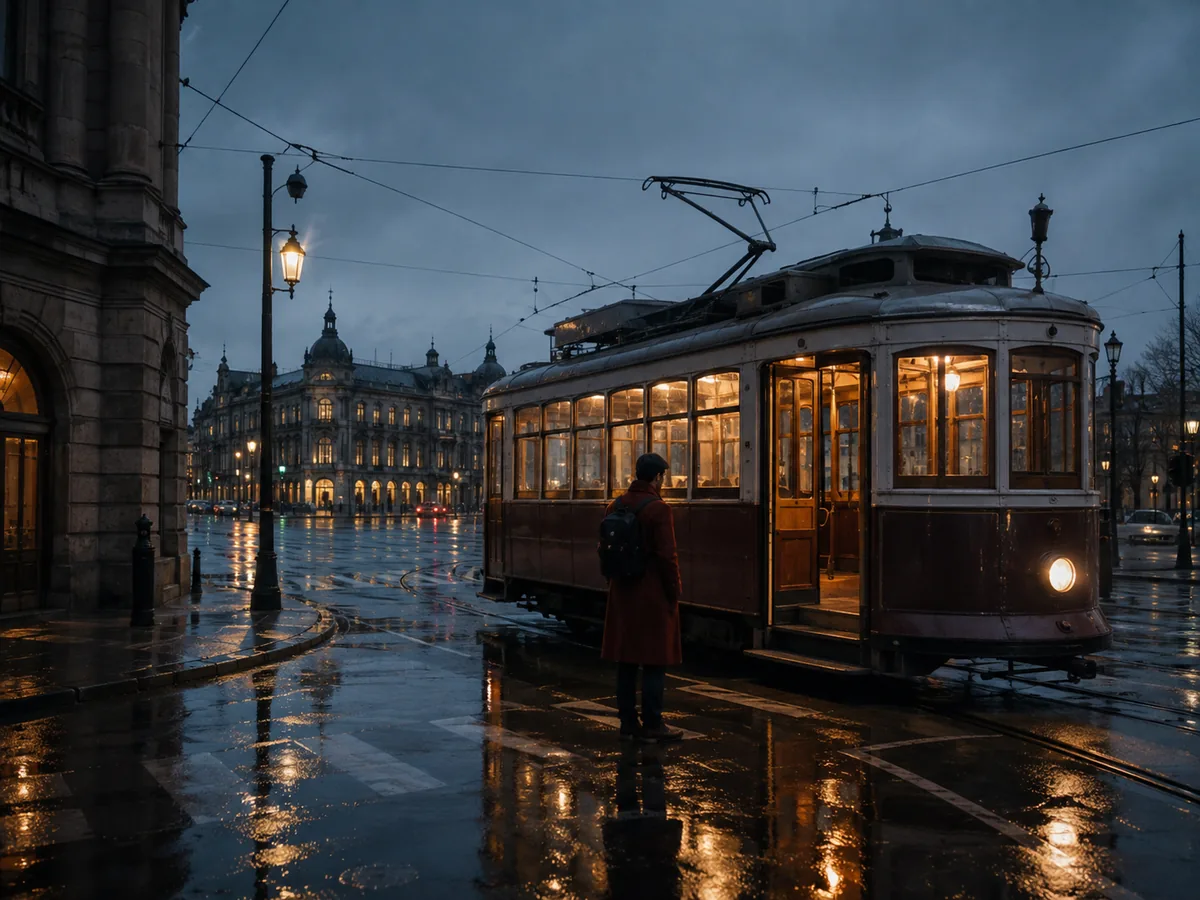 A traveler beside a warmly lit tram in the rain, a cinematic concept illustration